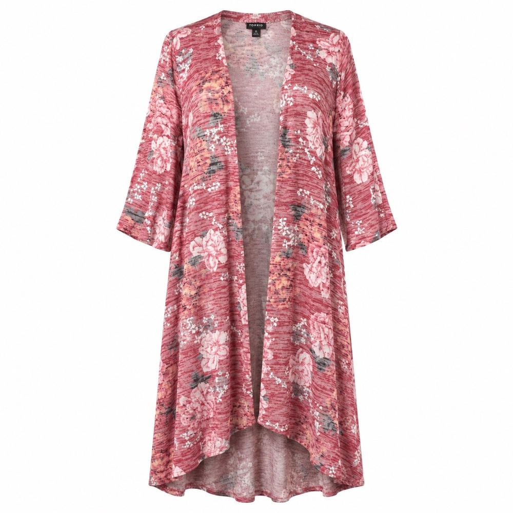 Torrid Duster Cardigan Womens 0 Pink Floral Open Front High Low 3/4 Sleeve
